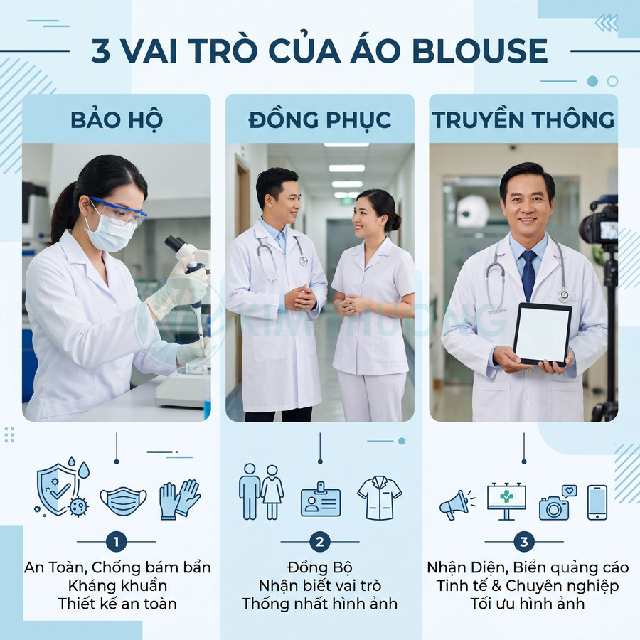 Áo blouse bác sĩ màu trắng dùng trong bảo hộ, đồng phục y tế và truyền thông chuyên nghiệp trong bệnh viện
