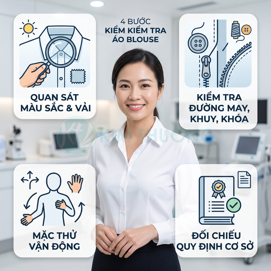 Hướng dẫn 4 bước kiểm tra chất lượng áo blouse y tế trên nền phòng khám hiện đại