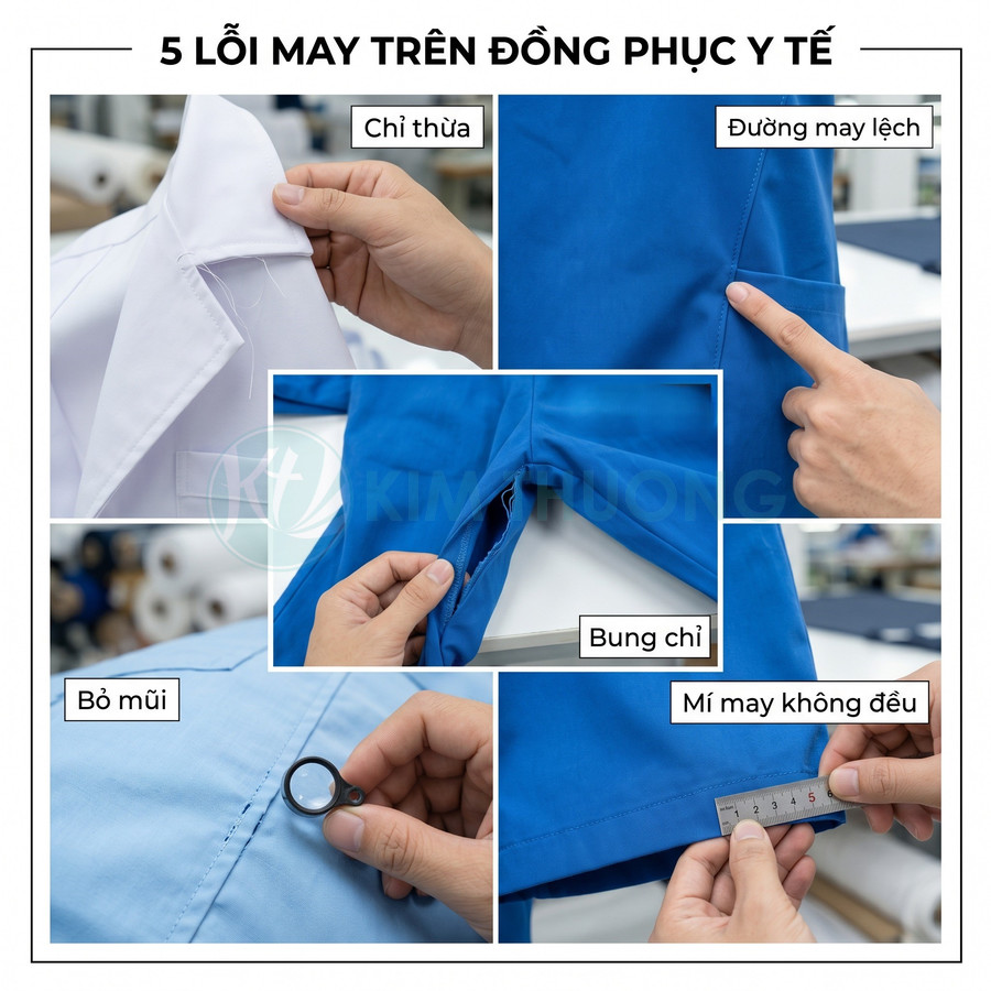 Các lỗi may thường gặp trên đồng phục y tế như chỉ thừa, bung chỉ, đường may lệch, mí may không đều