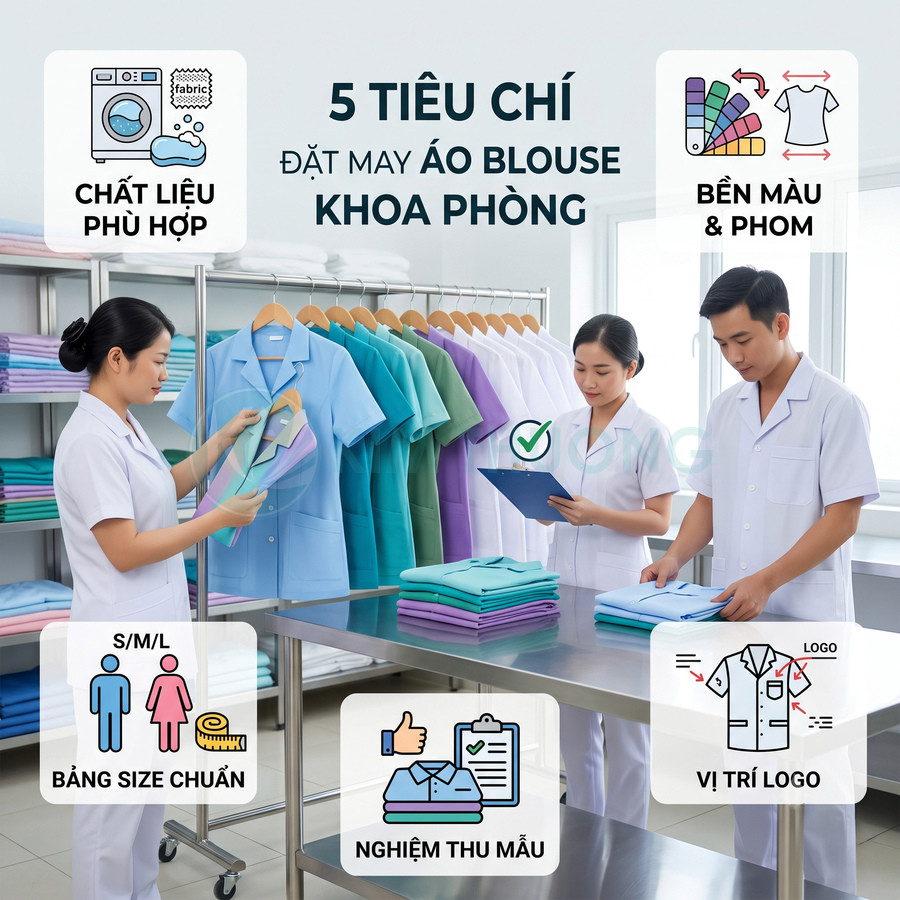 Nhân viên y tế chọn và kiểm tra áo blouse nhiều màu trên kệ treo và bàn gấp trong phòng may đồng phục
