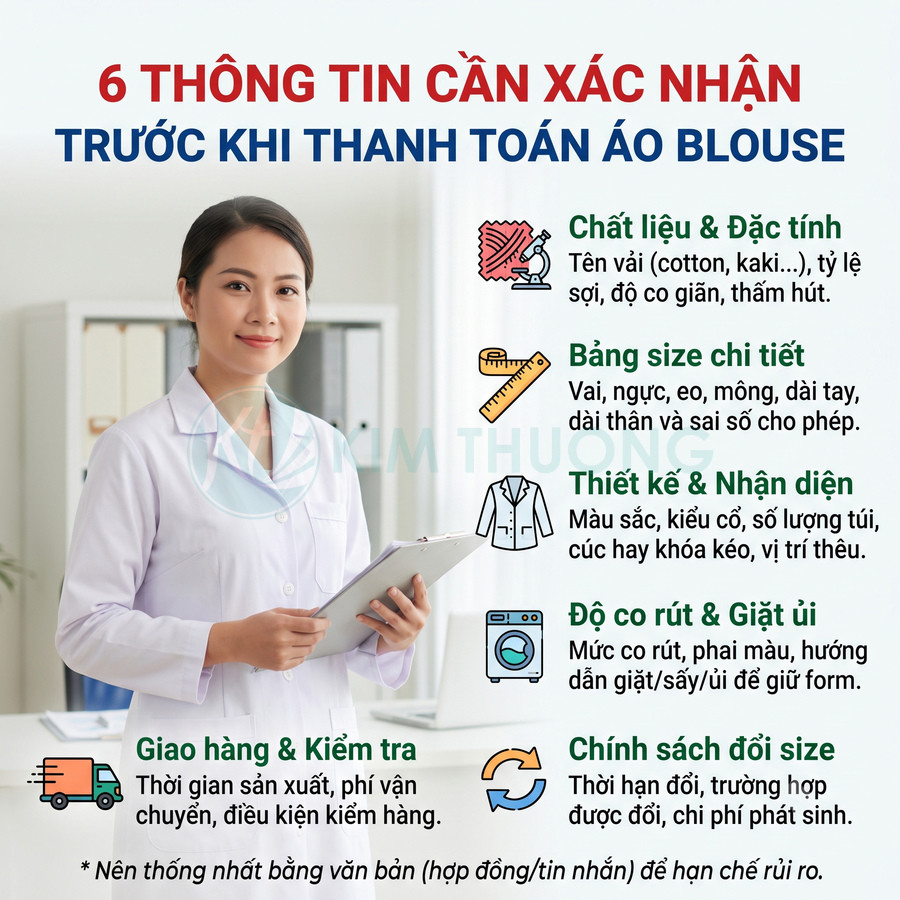 Áo blouse trắng cùng các thông tin cần xác nhận về chất liệu, kích cỡ, thiết kế, giặt ủi, giao hàng và đổi size