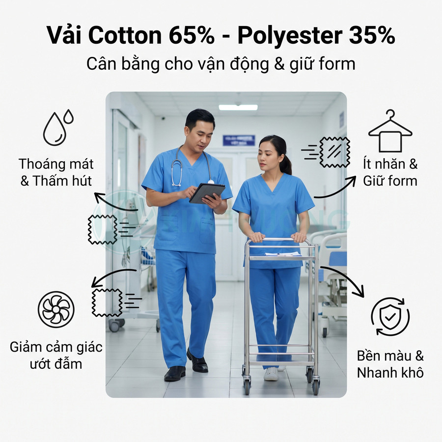 Đồng phục y tế màu xanh bằng vải cotton 65% polyester 35% dành cho bác sĩ và nhân viên y tế