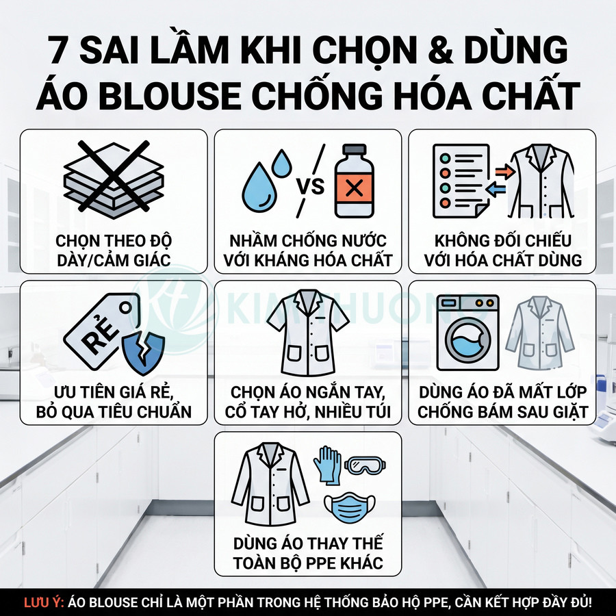 Áo blouse chống hóa chất và các sai lầm khi chọn, sử dụng trong phòng thí nghiệm, cần kết hợp đầy đủ PPE khác