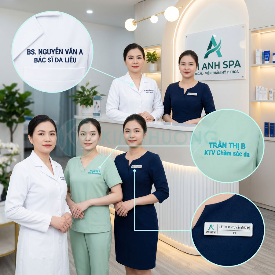 Đội ngũ bác sĩ và kỹ thuật viên da liễu tại A Anh Spa đứng tại quầy lễ tân spa hiện đại
