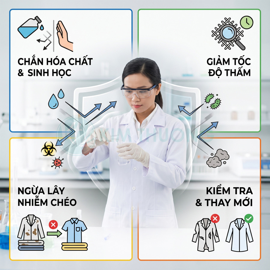 Nhân viên phòng thí nghiệm đeo kính bảo hộ, minh họa cách bảo vệ quần áo khỏi hóa chất và nhiễm chéo, thay mới khi cần.