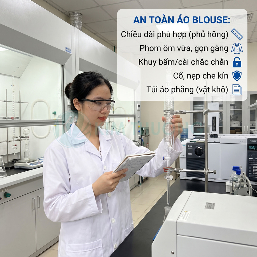Áo blouse phòng thí nghiệm màu trắng dáng gọn, cài nút kín và có túi phẳng ở thân áo