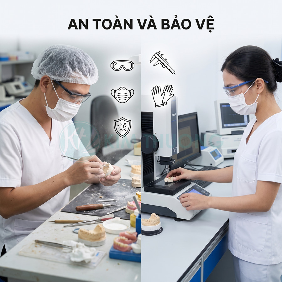 Kỹ thuật viên nha khoa đeo khẩu trang kính bảo hộ gia công mẫu răng và kiểm tra trên máy đo trong phòng thí nghiệm