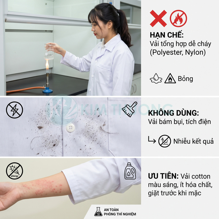 Áo blouse phòng thí nghiệm nên chọn vải cotton sáng màu, tránh polyester nylon dễ cháy và vải bám bụi, tích điện