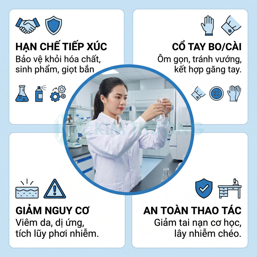Nhân viên phòng thí nghiệm mặc áo blouse thao tác với mẫu thử, nhấn mạnh an toàn và hạn chế phơi nhiễm hóa chất