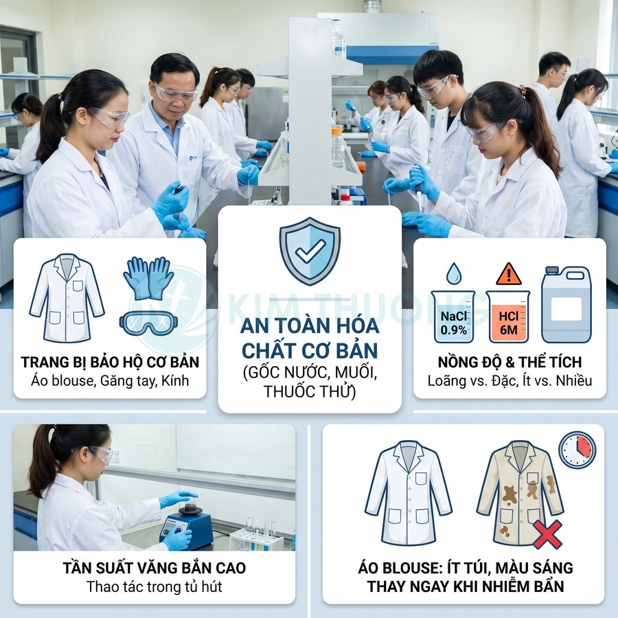 Nhân viên phòng thí nghiệm mặc áo blouse, găng tay và kính bảo hộ khi thao tác an toàn với hóa chất.