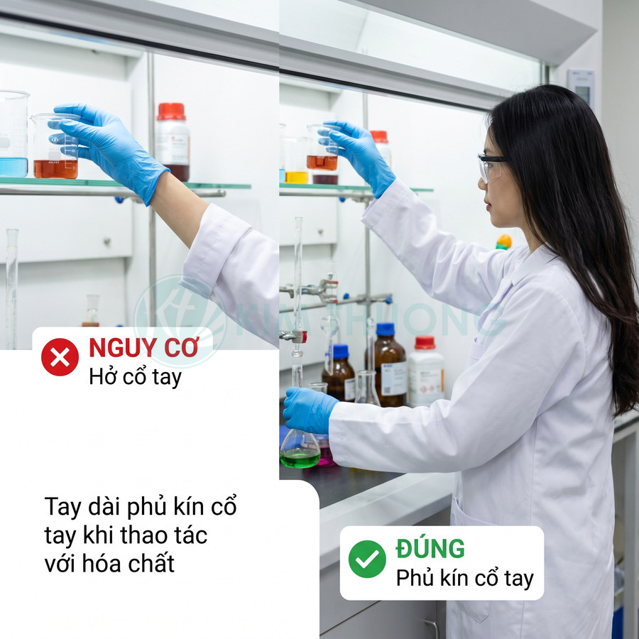 Nhân viên phòng thí nghiệm đeo găng tay dài phủ kín cổ tay khi thao tác với hóa chất, minh họa cách bảo hộ đúng
