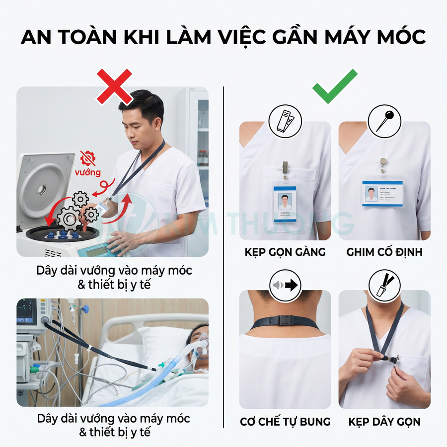 Thẻ đeo bảng tên nhân viên y tế với cơ chế kẹp và tự bung an toàn khi làm việc gần máy móc