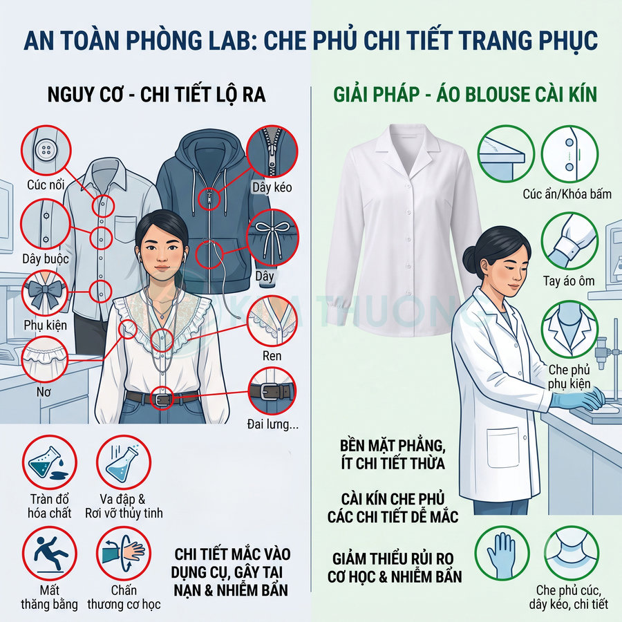 Áo blouse phòng thí nghiệm cài kín che phủ phụ kiện và chi tiết quần áo để giảm rủi ro tai nạn và nhiễm bẩn