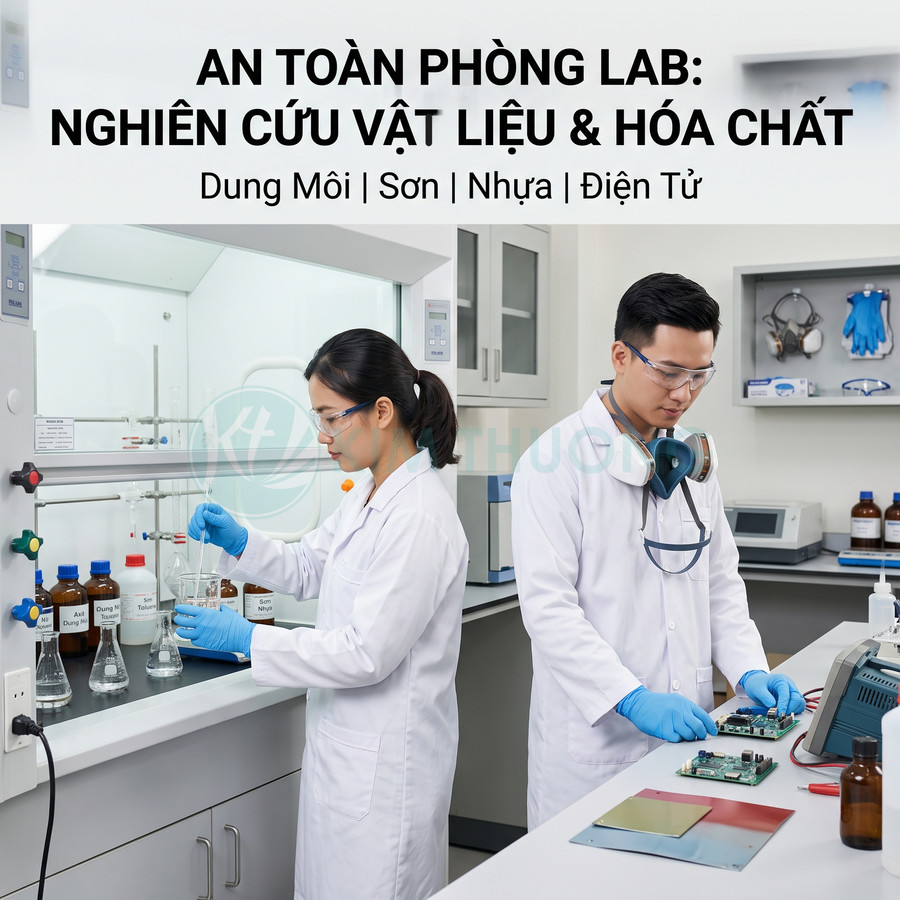 Nhân viên phòng thí nghiệm sử dụng đồ bảo hộ khi nghiên cứu vật liệu, hóa chất và bảng mạch điện tử