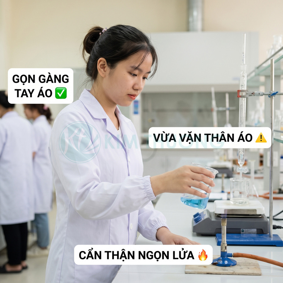Áo blouse phòng thí nghiệm màu trắng tay bo gọn, nữ nhân viên cầm cốc thủy tinh cạnh đèn Bunsen