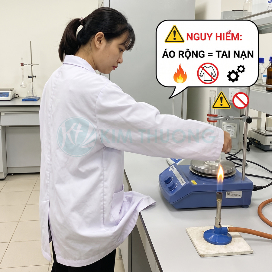 Áo blouse phòng thí nghiệm rộng tay cảnh báo nguy cơ tai nạn khi làm việc gần ngọn lửa và thiết bị khuấy từ gia nhiệt