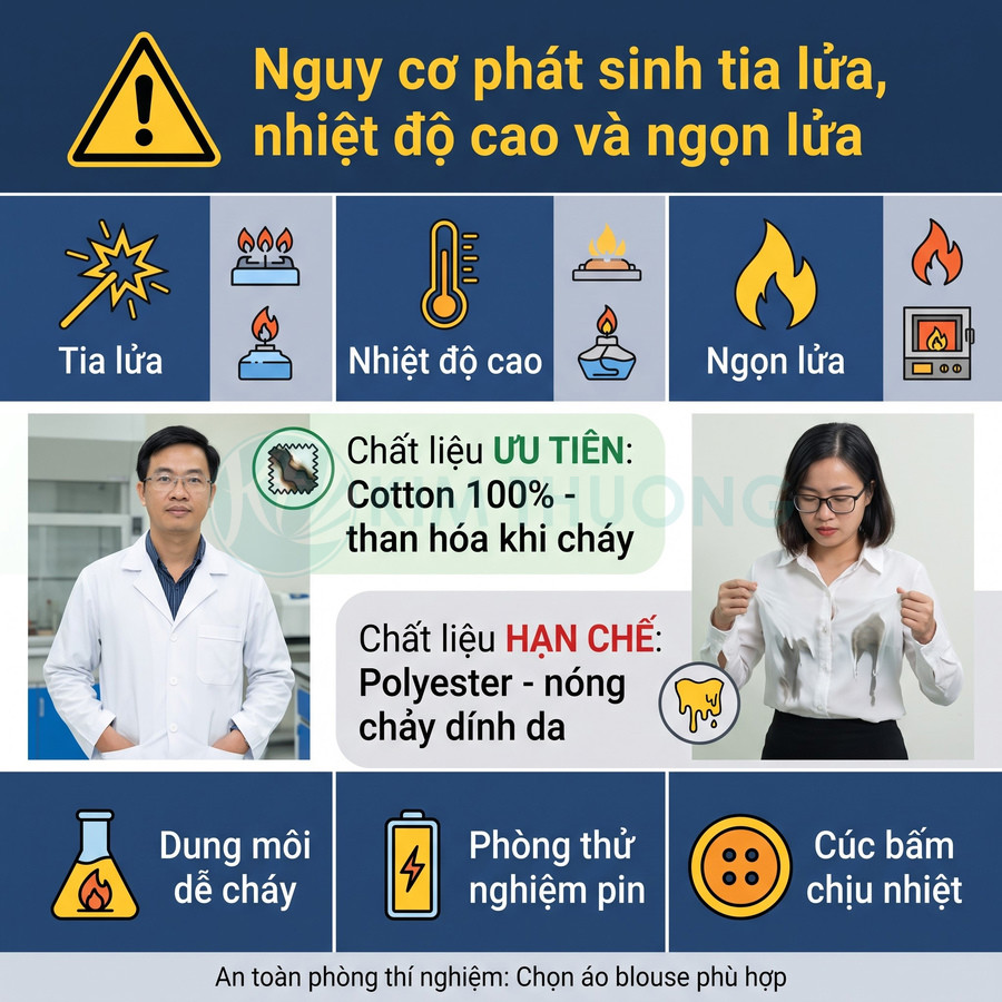 Hướng dẫn chọn áo blouse phòng thí nghiệm chống tia lửa, nhiệt độ cao và ngọn lửa, ưu tiên cotton 100% thay vì polyester