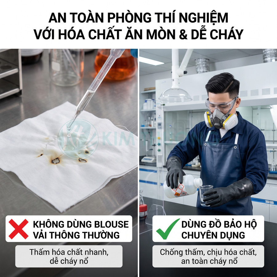 Đồ bảo hộ phòng thí nghiệm chống hóa chất gồm áo choàng, tạp dề, găng tay và mặt nạ lọc khí