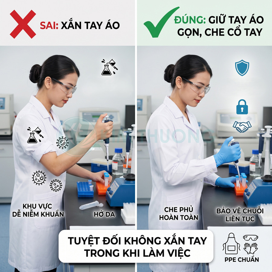 Kỹ thuật viên phòng thí nghiệm dùng micropipette, so sánh sai xắn tay áo và đúng mang găng che kín cổ tay