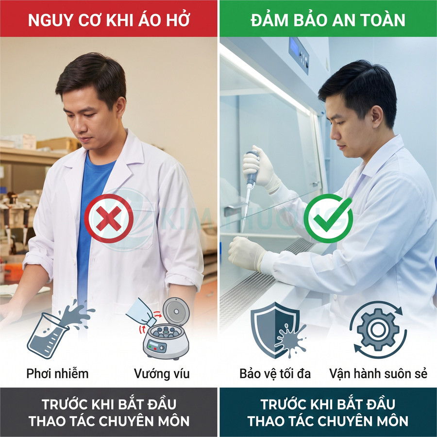 Nhân viên phòng thí nghiệm mặc áo blouse đúng cách, đeo găng và thao tác an toàn trước khi làm chuyên môn