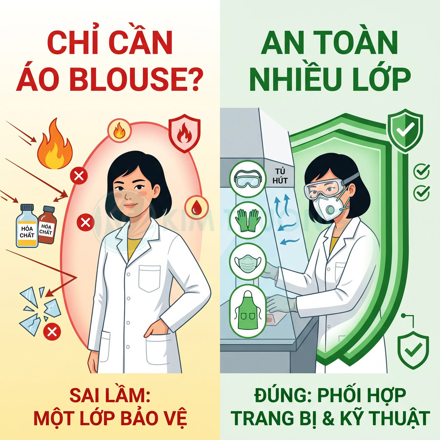 Minh họa so sánh áo blouse đơn lẻ và trang bị bảo hộ nhiều lớp khi làm việc trong phòng thí nghiệm
