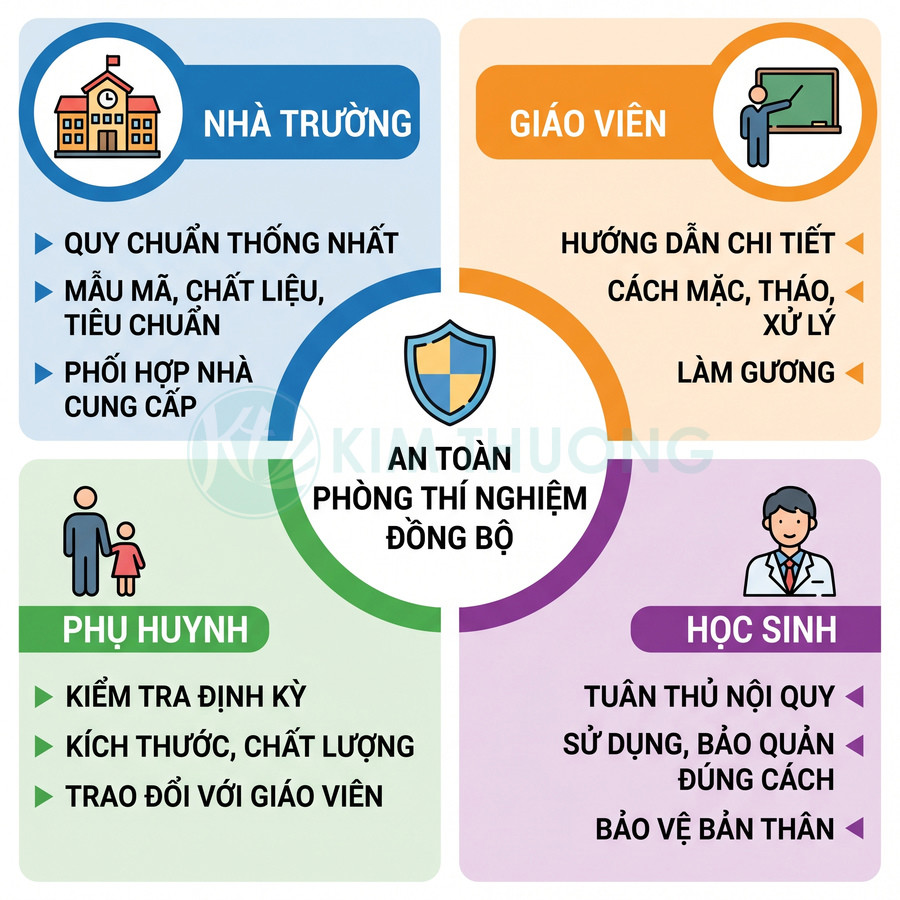 Infographic về an toàn phòng thí nghiệm đồng bộ với vai trò của nhà trường, giáo viên, phụ huynh và học sinh