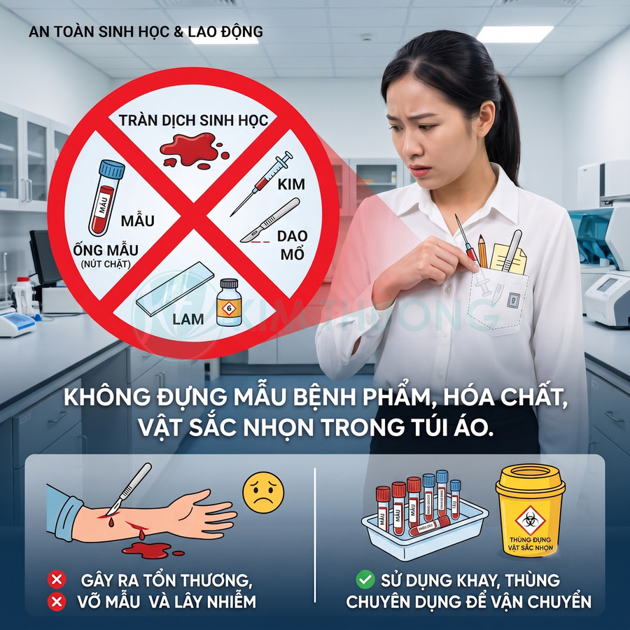 Cảnh báo an toàn sinh học không đựng ống nghiệm, kim tiêm, dao mổ trong túi áo mà dùng khay và thùng chuyên dụng