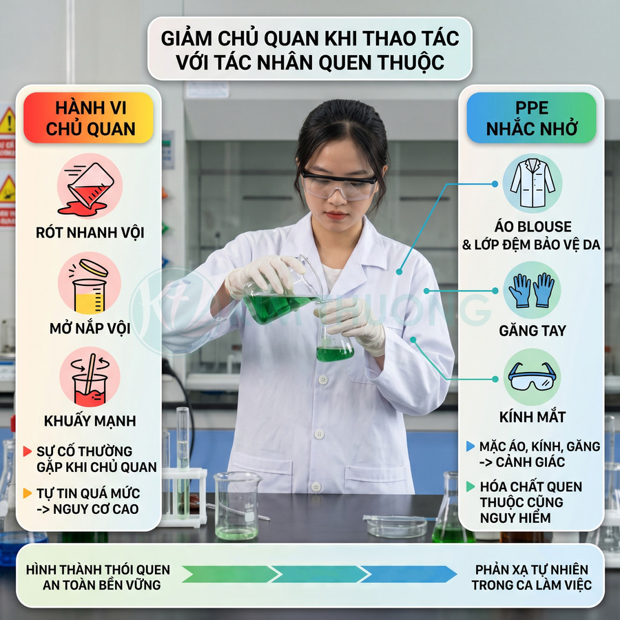 Nữ kỹ thuật viên phòng thí nghiệm đeo kính găng tay rót dung dịch hóa chất màu xanh vào cốc thủy tinh