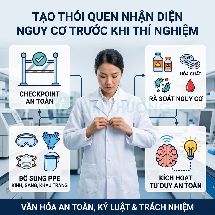 Nhân viên phòng thí nghiệm mặc áo blouse cài cúc, minh họa quy trình an toàn và nhận diện nguy cơ trước khi thí nghiệm