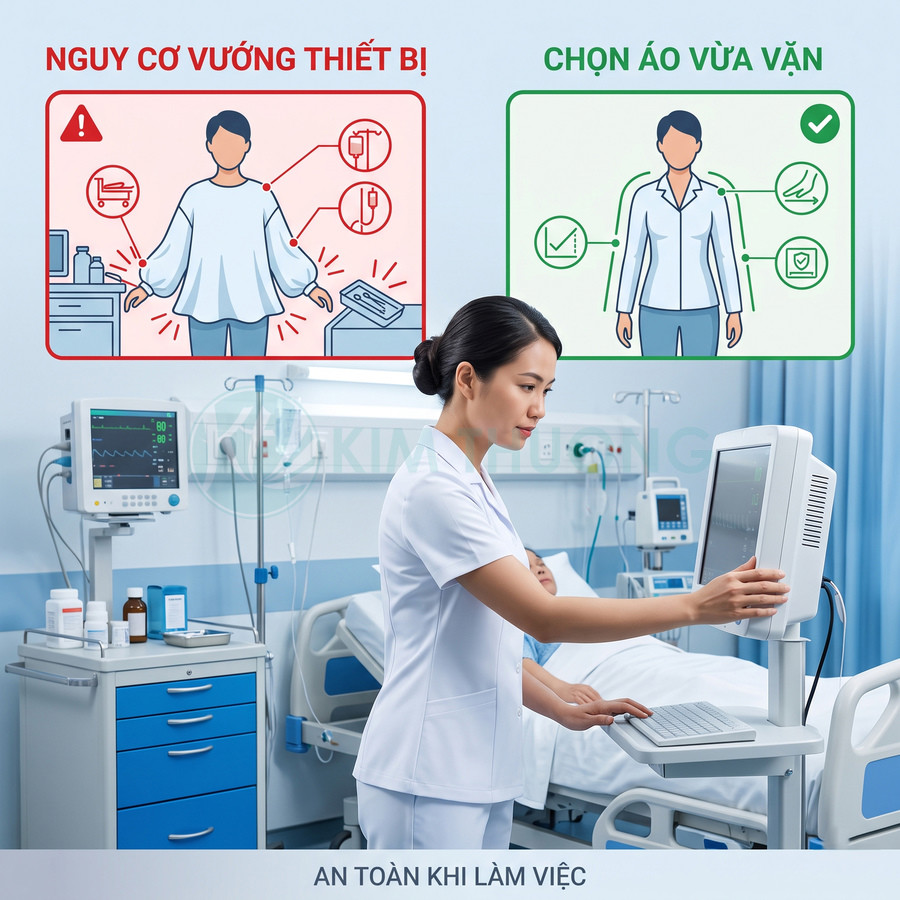 Điều dưỡng mặc đồng phục y tế vừa vặn làm việc với máy theo dõi bệnh nhân trong phòng bệnh viện