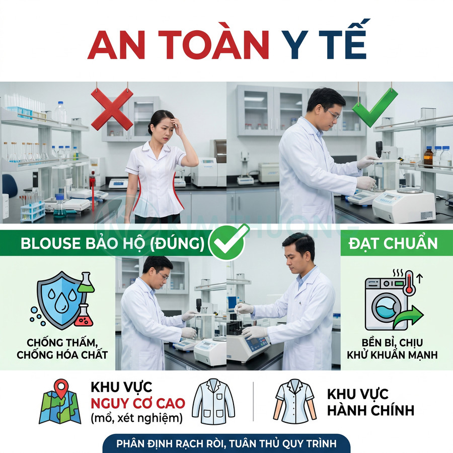 Nhân viên y tế trong phòng thí nghiệm mặc áo blouse bảo hộ đạt chuẩn chống thấm và khử khuẩn