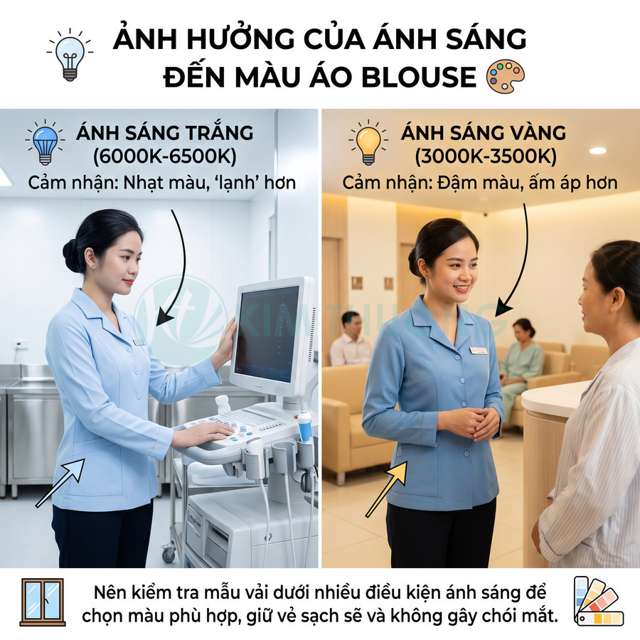 So sánh màu áo blouse y tá dưới ánh sáng trắng và ánh sáng vàng trong môi trường bệnh viện