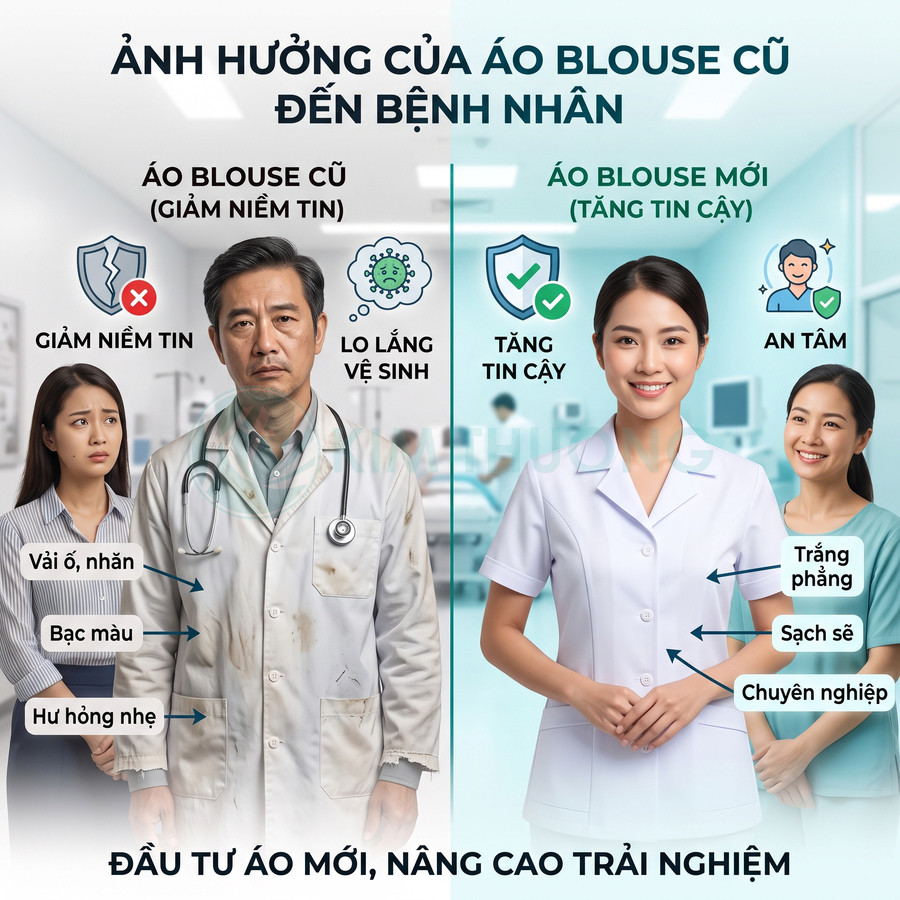 So sánh bác sĩ mặc áo blouse cũ bẩn và nữ bác sĩ mặc áo blouse mới trắng sạch tạo cảm giác tin cậy
