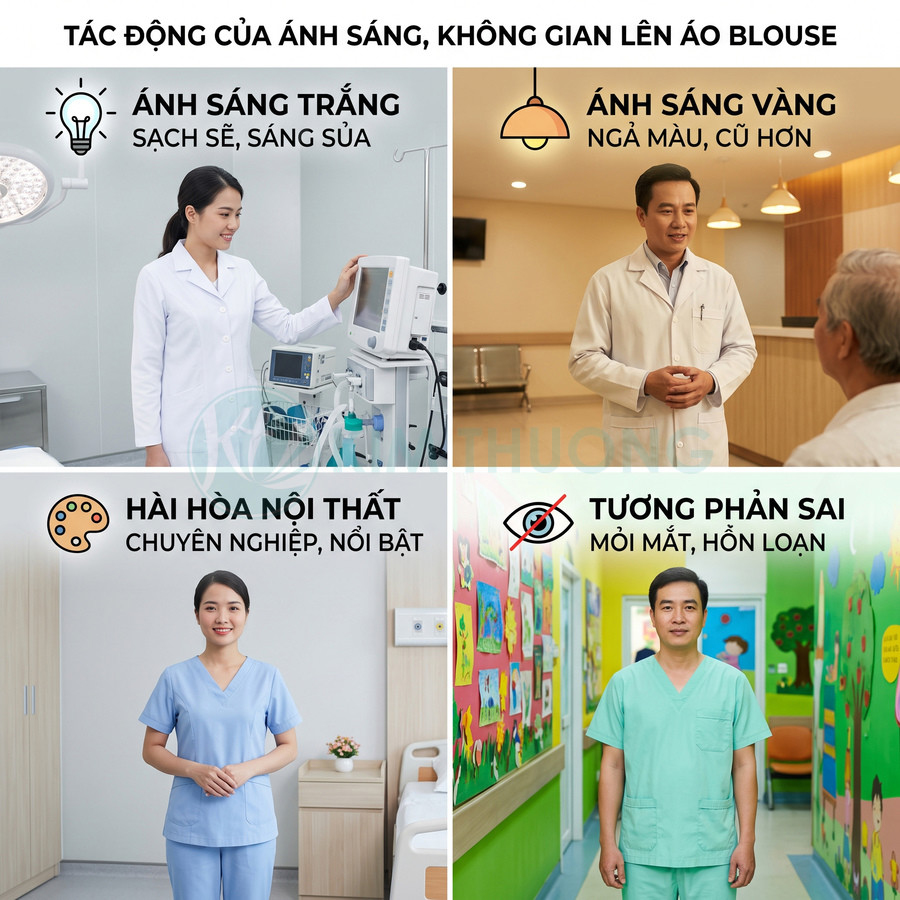 Bác sĩ và y tá mặc áo blouse, đồ scrub trong các không gian bệnh viện với ánh sáng và màu sắc khác nhau