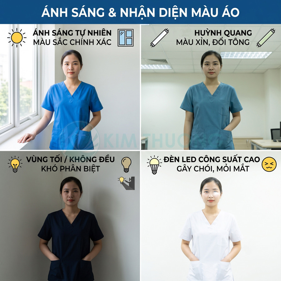 So sánh màu áo blouse y tế nữ dưới các loại ánh sáng tự nhiên, huỳnh quang, vùng tối và đèn LED công suất cao
