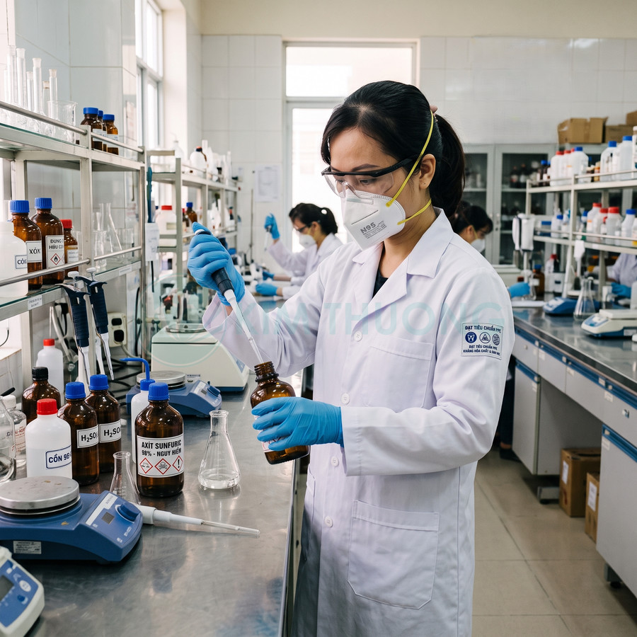 Kỹ thuật viên phòng thí nghiệm dùng micropipette lấy dung dịch từ chai hóa chất trên bàn thí nghiệm