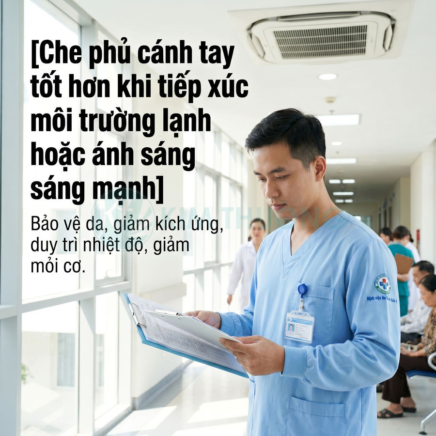 Bác sĩ mặc áo blouse tay dài màu xanh nhạt đang xem hồ sơ bệnh án trong hành lang bệnh viện