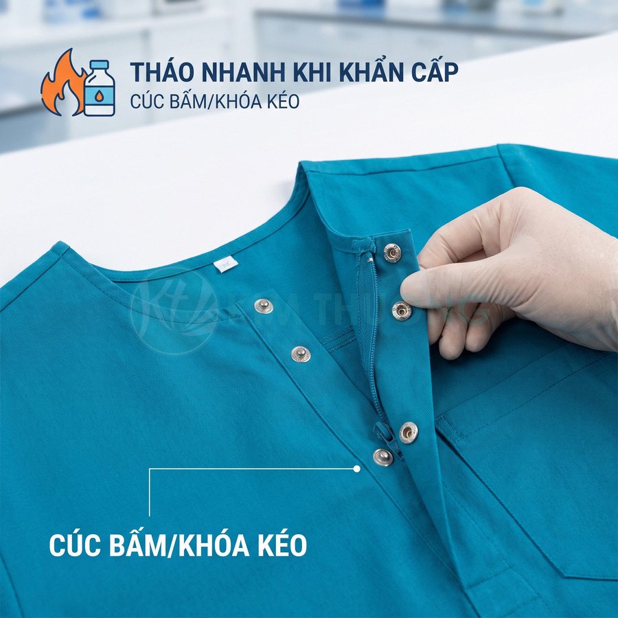 Áo bảo hộ màu xanh có hàng cúc bấm và khóa kéo tháo nhanh khi khẩn cấp