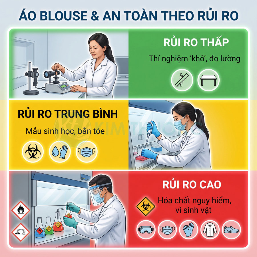 Áo blouse phòng thí nghiệm cho các mức rủi ro thấp trung bình cao với hướng dẫn an toàn hóa chất và sinh học