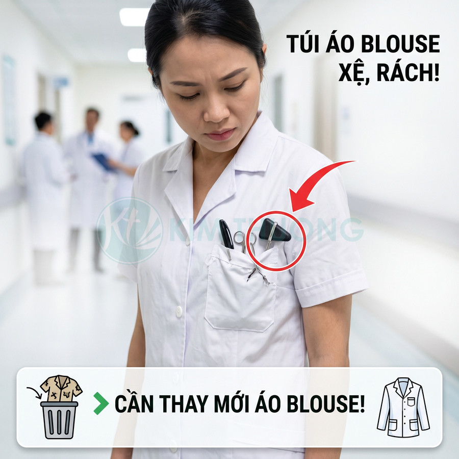 Áo blouse bác sĩ màu trắng bị rách túi ngực, cài kéo và bút, cần thay áo blouse mới