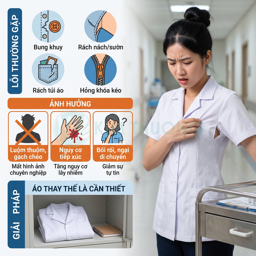 Áo blouse y tế bị rách nách gây bất tiện khi làm việc và gợi ý chuẩn bị áo thay thế sạch sẽ