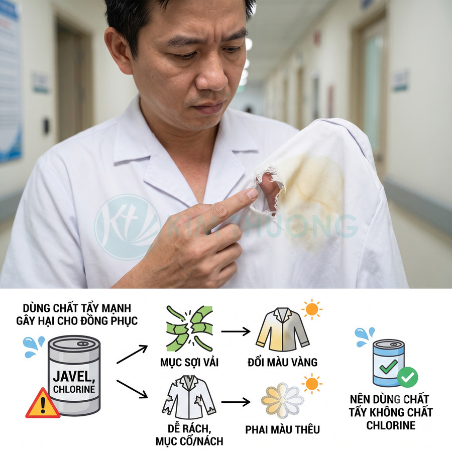 Bác sĩ nhìn vết rách và ố vàng trên áo blouse do dùng chất tẩy chlorine, khuyến cáo chọn chất tẩy không chlorine