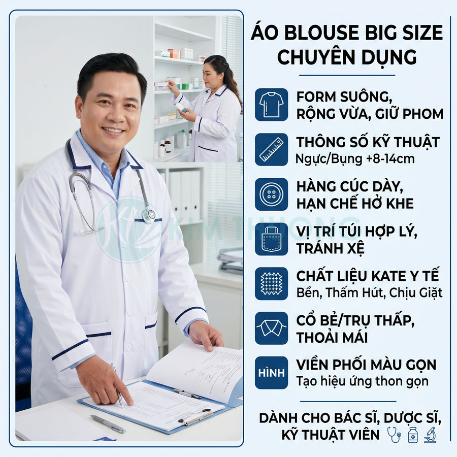 Áo blouse big size cho bác sĩ chất liệu kate y tế màu trắng viền xanh form suông rộng rãi