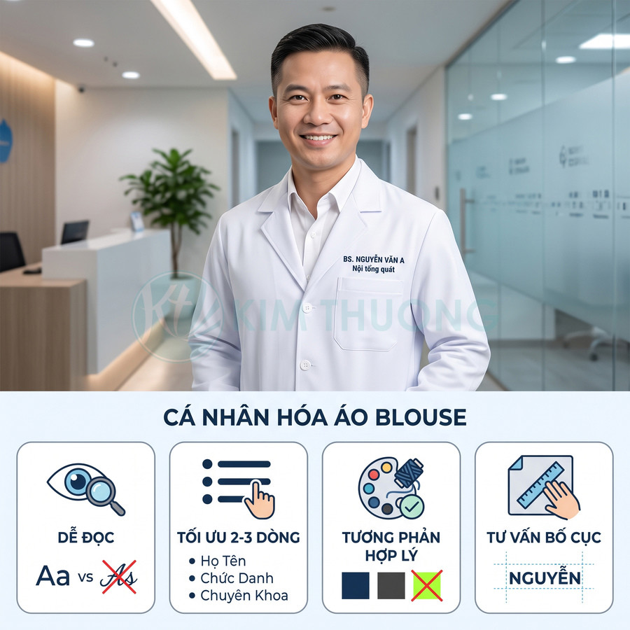 Áo blouse bác sĩ được cá nhân hóa với tên và chuyên khoa, thiết kế dễ đọc và bố cục tối ưu trong phòng khám hiện đại