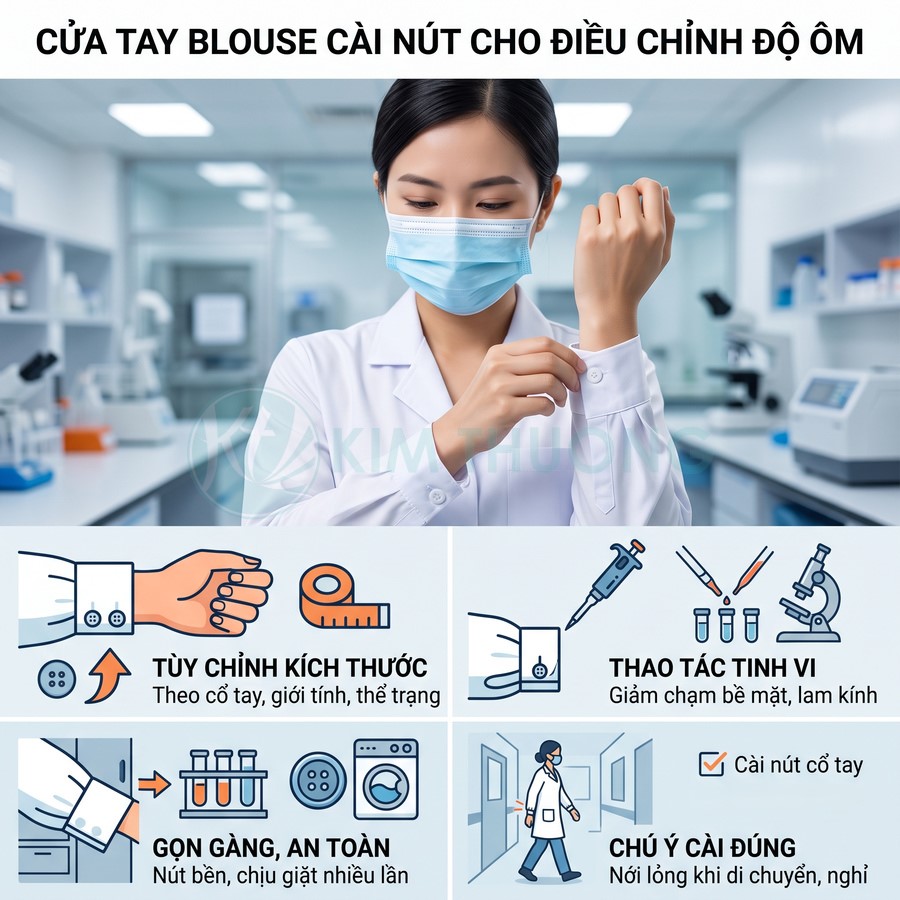 Áo blouse phòng thí nghiệm tay cài nút điều chỉnh ôm cổ tay, chất liệu gọn gàng an toàn khi thao tác y tế