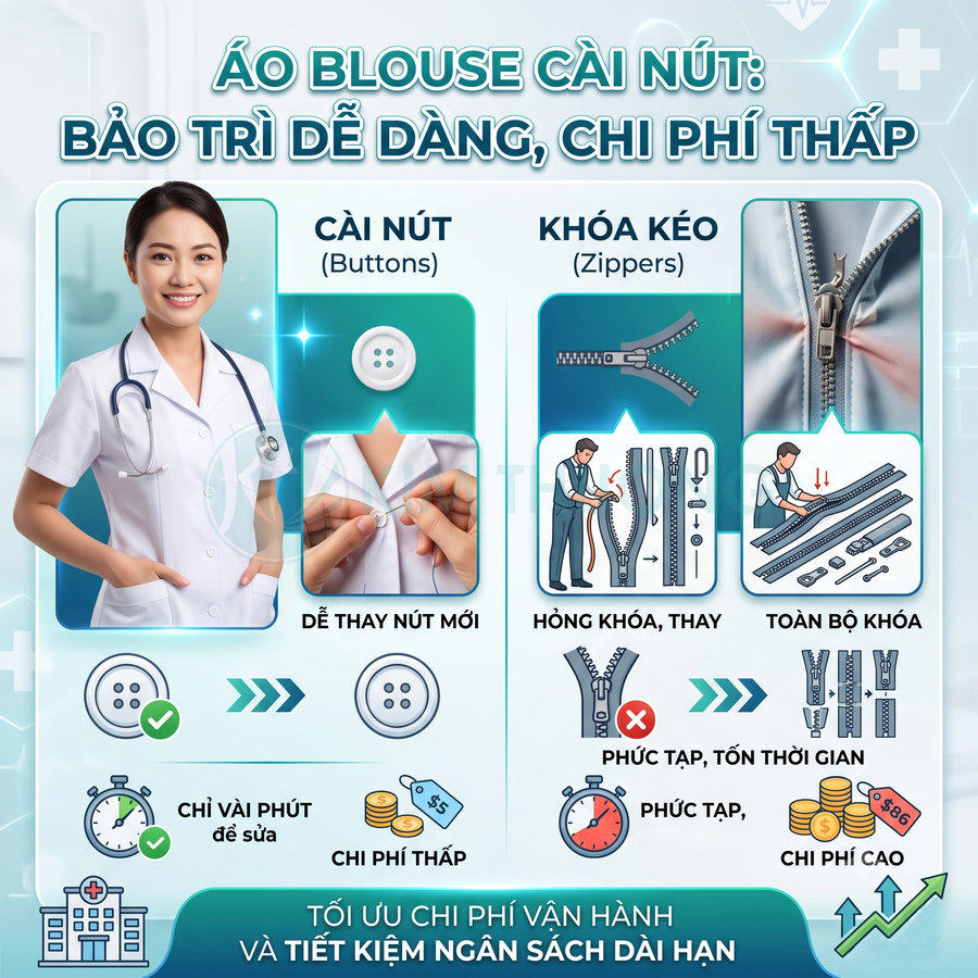 Áo blouse bác sĩ cài nút màu trắng, so sánh ưu điểm cúc áo với khóa kéo về bảo trì và chi phí