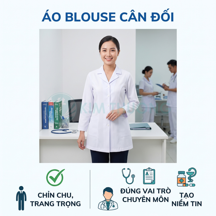 Áo blouse trắng nữ bác sĩ dáng dài cân đối, thiết kế chỉnh chu trang trọng trong phòng khám