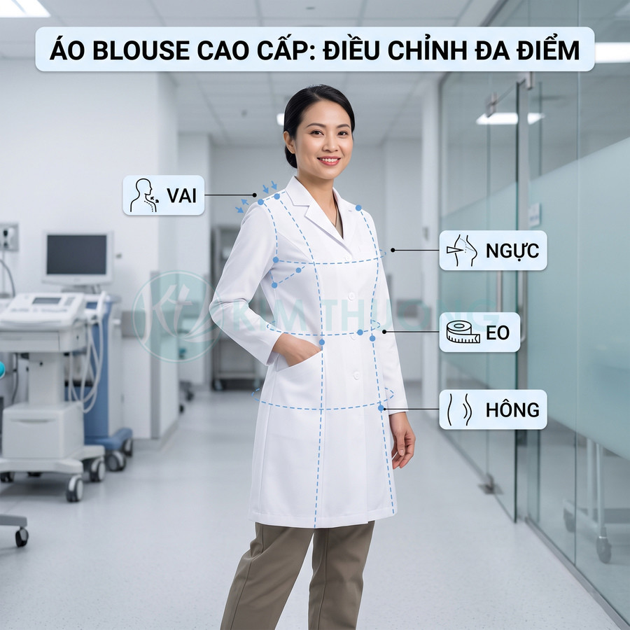 Áo blouse bác sĩ cao cấp màu trắng, thiết kế ôm dáng điều chỉnh vai ngực eo hông trong phòng khám hiện đại