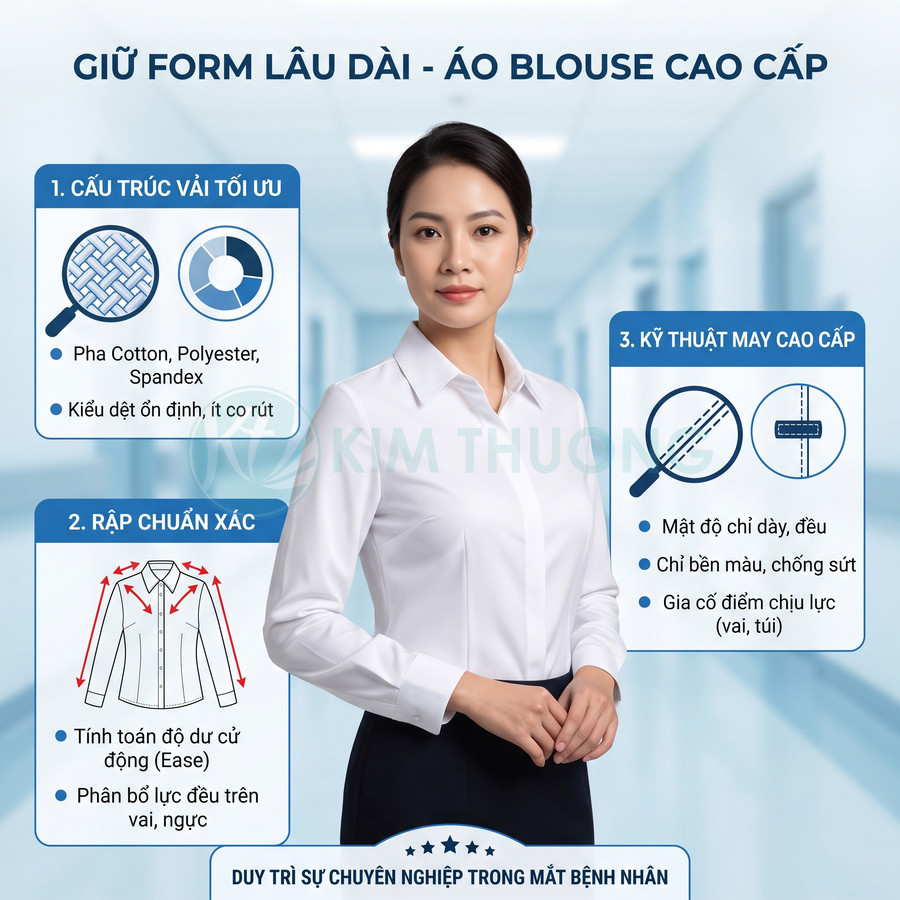 Nữ nhân viên y tế mặc áo blouse trắng cao cấp form ôm, đứng trong hành lang bệnh viện hiện đại