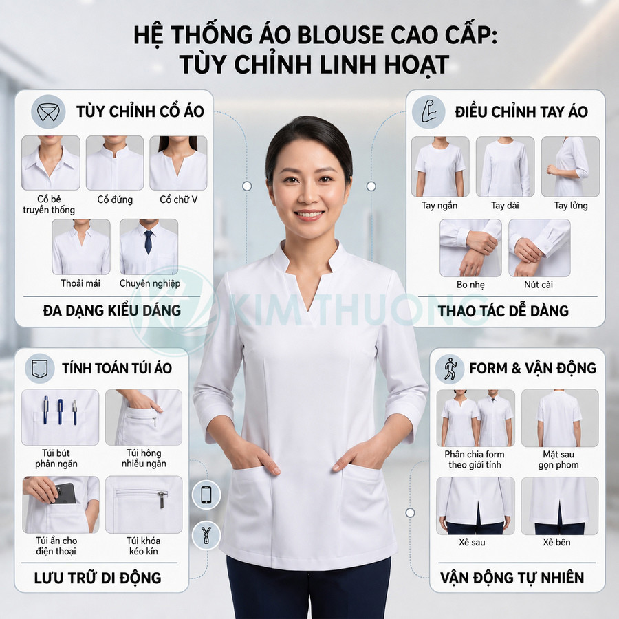 Áo blouse y tế cao cấp màu trắng tay lửng cổ cách điệu nhiều túi tiện dụng cho nhân viên y tế nữ